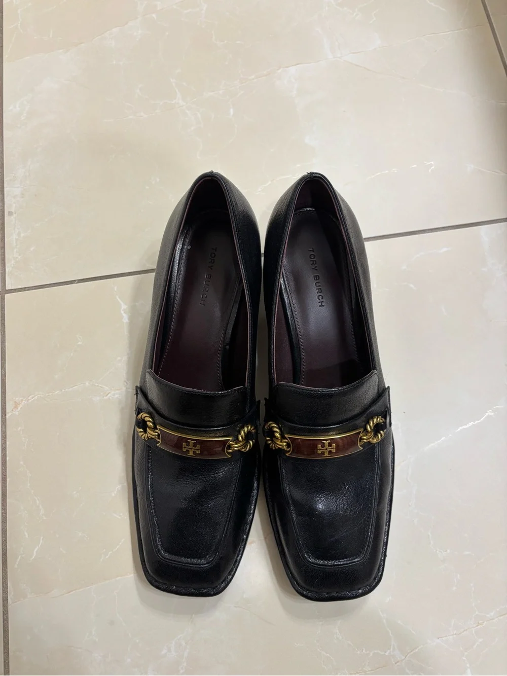 Tory Burch Black Leather Heeled Loafers with Gold Accent